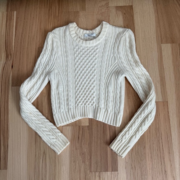 Milly Ivory Cable Knit Pullover Crop Soft Wool Sweater Size L - Picture 10 of 12